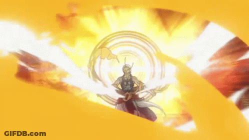 A Cartoon Character Is Standing In Front Of A Large Fireball . GIF