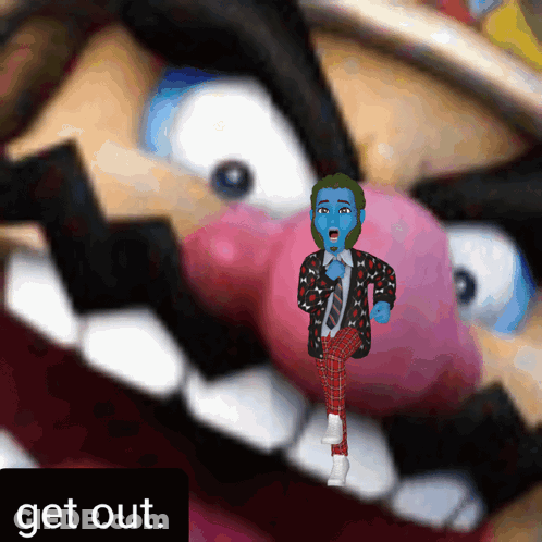 A Cartoon Character Is Standing In Front Of A Large Mouth With The Words Get Out Below It GIF