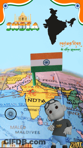 A Cartoon Character Is Standing In Front Of A Map Of India With A Flag Pinned To It GIF