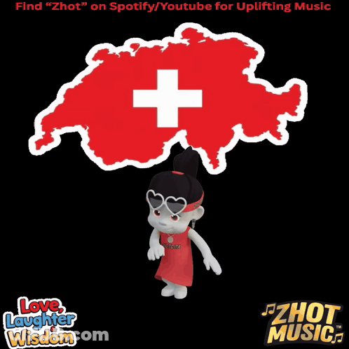 A Cartoon Character Is Standing In Front Of A Map Of Switzerland With A Swiss Cross On It GIF