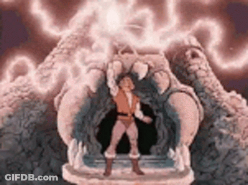 A Cartoon Character Is Standing In Front Of A Monster With A Lightning Bolt Coming Out Of Its Mouth . GIF