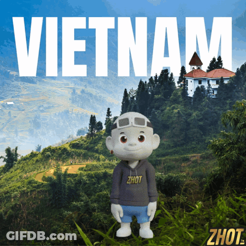 A Cartoon Character Is Standing In Front Of A Mountain With The Word Vietnam Written Above Him GIF