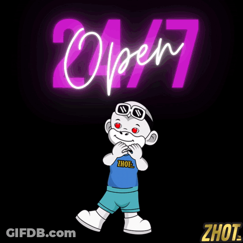 Cartoon Character In Front Of 24/7 Open Sign GIF