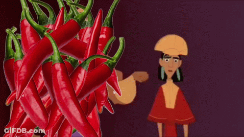 A Cartoon Character Is Standing In Front Of A Pile Of Red Peppers . GIF