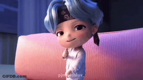 A Cartoon Character Is Standing In Front Of A Pink Couch . GIF