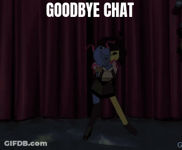 A Cartoon Character Is Standing In Front Of A Pink Curtain With The Words Goodbye Chat On It GIF