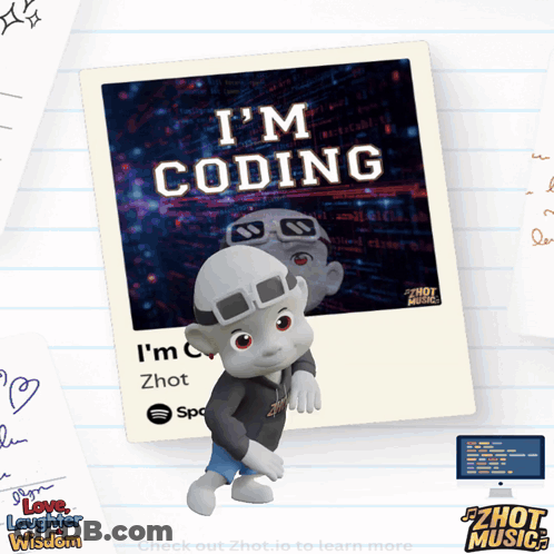 A Cartoon Character Is Standing In Front Of A Polaroid That Says I 'M Coding GIF