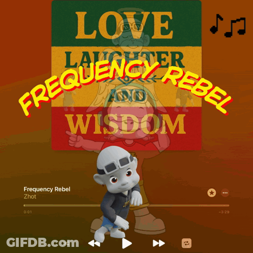 A Cartoon Character Is Standing In Front Of A Poster That Says Love Laughter And Wisdom GIF