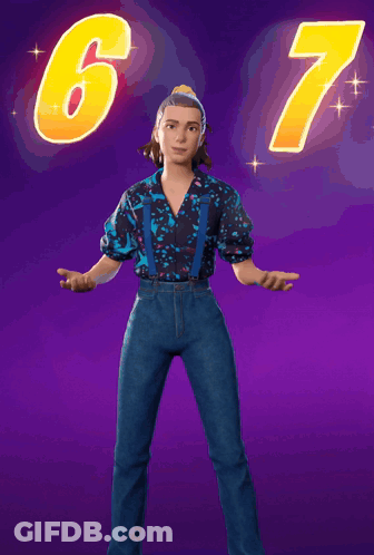 A Cartoon Character Is Standing In Front Of A Purple Background With The Number 6 And 7 Behind Her GIF