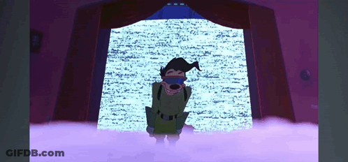 A Cartoon Character Is Standing In Front Of A Purple Curtain GIF