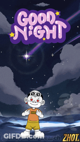 A Cartoon Character Is Standing In Front Of A Purple Sign That Says " Good Night " GIF