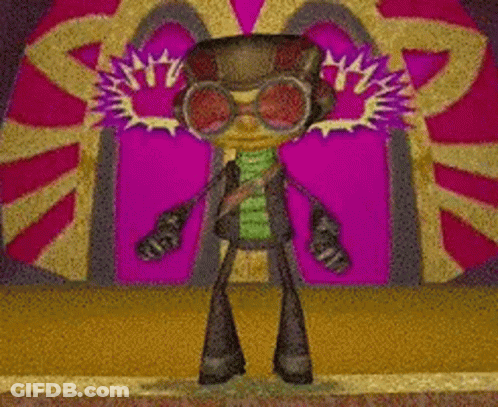 A Cartoon Character Is Standing In Front Of A Purple Wall And Pointing At Something . GIF