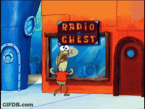 A Cartoon Character Is Standing In Front Of A Radio Chest GIF