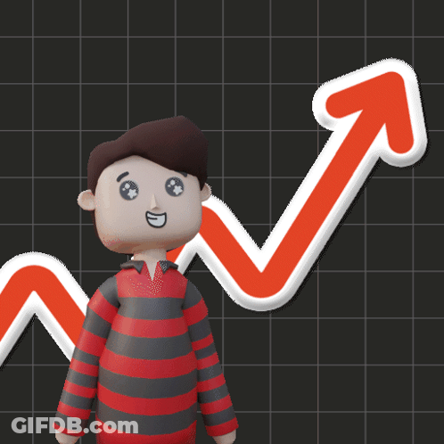 A Cartoon Character Is Standing In Front Of A Red Arrow Pointing Upwards GIF