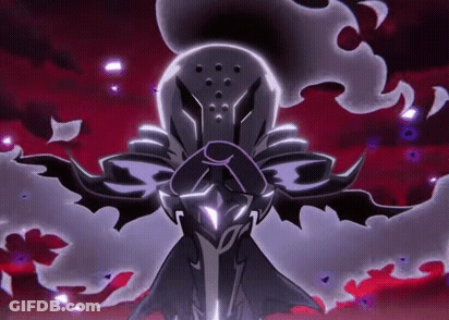 A Cartoon Character Is Standing In Front Of A Red Background With A Purple Light Coming Out Of His Head . GIF