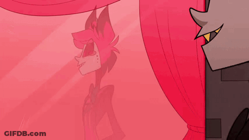 A Cartoon Character Is Standing In Front Of A Red Curtain And Looking At The Camera . GIF