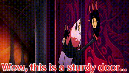 A Cartoon Character Is Standing In Front Of A Red Curtain And Saying `` Wow , This Is A Sturdy Door ... '' . GIF