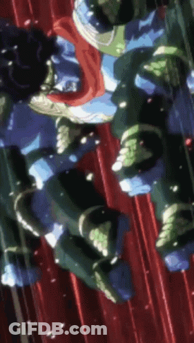 A Cartoon Character Is Standing In Front Of A Red Curtain With A Red Background . GIF
