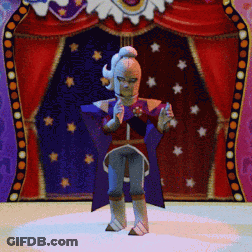 A Cartoon Character Is Standing In Front Of A Red Curtain With Stars On It GIF