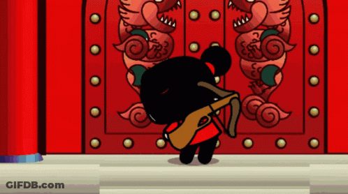 A Cartoon Character Is Standing In Front Of A Red Door And Holding A Guitar GIF