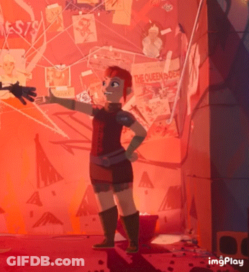 A Cartoon Character Is Standing In Front Of A Red Wall With A Poster That Says The Queen Under GIF
