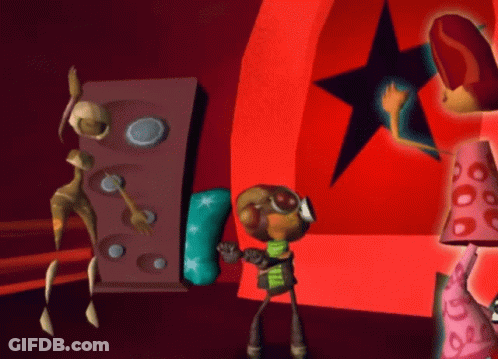 A Cartoon Character Is Standing In Front Of A Red Wall With A Star On It GIF
