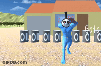 A Cartoon Character Is Standing In Front Of A Row Of Oil Barrels GIF