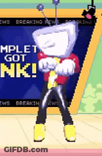 A Cartoon Character Is Standing In Front Of A Screen That Says ' Mplet Got Nk ! ' GIF