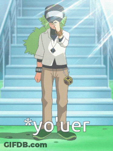 A Cartoon Character Is Standing In Front Of A Set Of Stairs And Says " Yo Uer " On The Bottom GIF