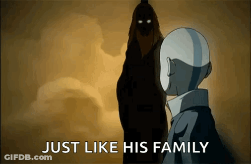 A Cartoon Character Is Standing In Front Of A Shadowy Figure And Says `` Just Like His Family '' . GIF