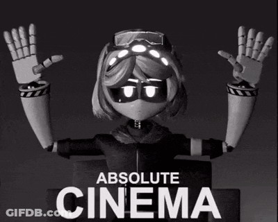 Cartoon Character In Front Of Absolute Cinema Sign GIF
