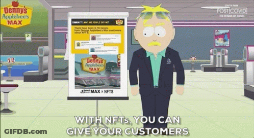 A Cartoon Character Is Standing In Front Of A Sign That Says Dennys Applebee 'S Max GIF