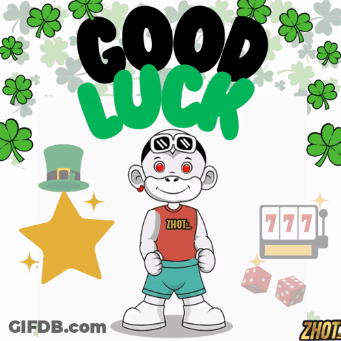 A Cartoon Character Is Standing In Front Of A Sign That Says " Good Luck " GIF