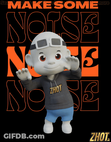 A Cartoon Character Is Standing In Front Of A Sign That Says Make Some Noise GIF