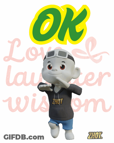 A Cartoon Character Is Standing In Front Of A Sign That Says " Ok " GIF