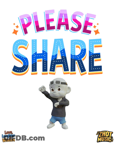 A Cartoon Character Is Standing In Front Of A Sign That Says " Please Share " GIF