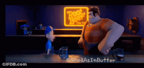 A Cartoon Character Is Standing In Front Of A Sign That Says Root Beer On It GIF