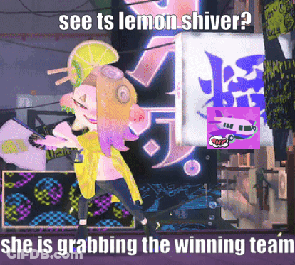 A Cartoon Character Is Standing In Front Of A Sign That Says " See Ts Lemon Shiver " GIF