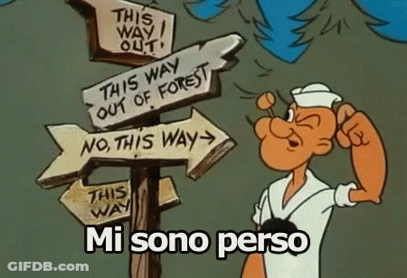 A Cartoon Character Is Standing In Front Of A Sign That Says " This Way Out Of Forest " GIF