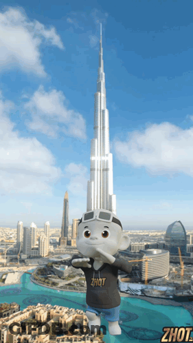 A Cartoon Character Is Standing In Front Of A Skyscraper With The Word Zhot On His Shirt GIF
