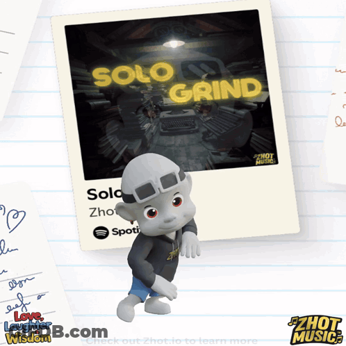 A Cartoon Character Is Standing In Front Of A Solo Grind Album Cover GIF