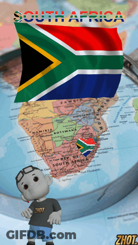 A Cartoon Character Is Standing In Front Of A South Africa Flag On A Map GIF