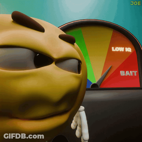 A Cartoon Character Is Standing In Front Of A Speedometer That Says Low Iq And Bait GIF