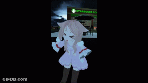 A Cartoon Character Is Standing In Front Of A Starbucks Store GIF