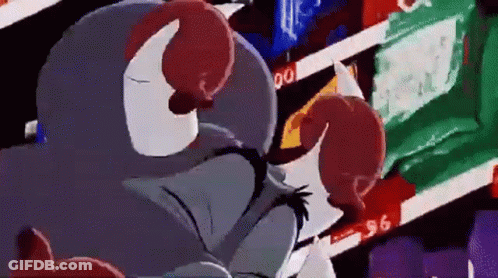 A Cartoon Character Is Standing In Front Of A Store Shelf With A Bag Of Chips On It . GIF