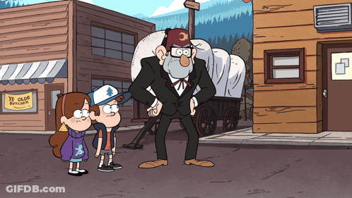 A Cartoon Character Is Standing In Front Of A Store That Says Y ' Olde Popcorn GIF