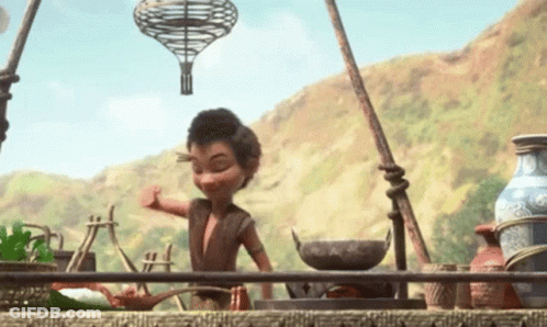 A Cartoon Character Is Standing In Front Of A Stove With A Hot Air Balloon Hanging From It . GIF
