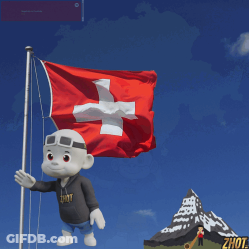 A Cartoon Character Is Standing In Front Of A Swiss Flag And A Mountain With The Word Zhot On It GIF