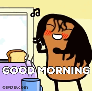 A Cartoon Character Is Standing In Front Of A Table With A Cup Of Coffee And A Piece Of Bread . GIF