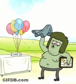 A Cartoon Character Is Standing In Front Of A Table With Balloons And A Thank You Sign GIF